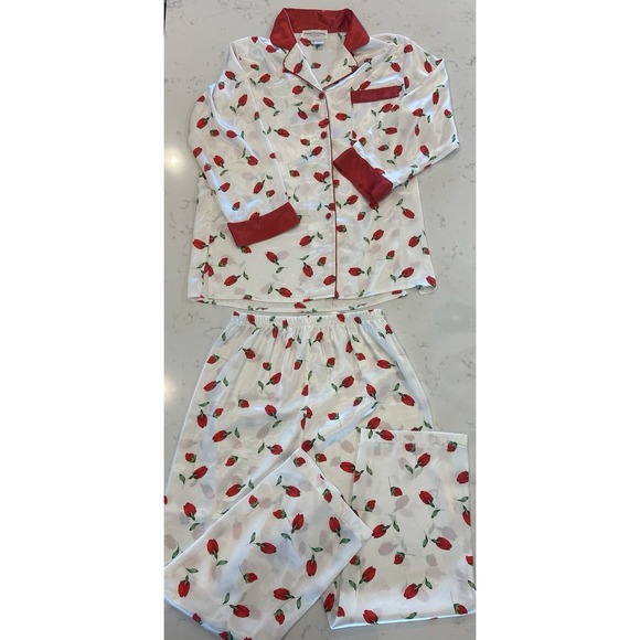 Miss Elaine Intimates Satin Pajamas‎ Set Red Rose Buds Print Women's Size Small - Picture 2 of 9